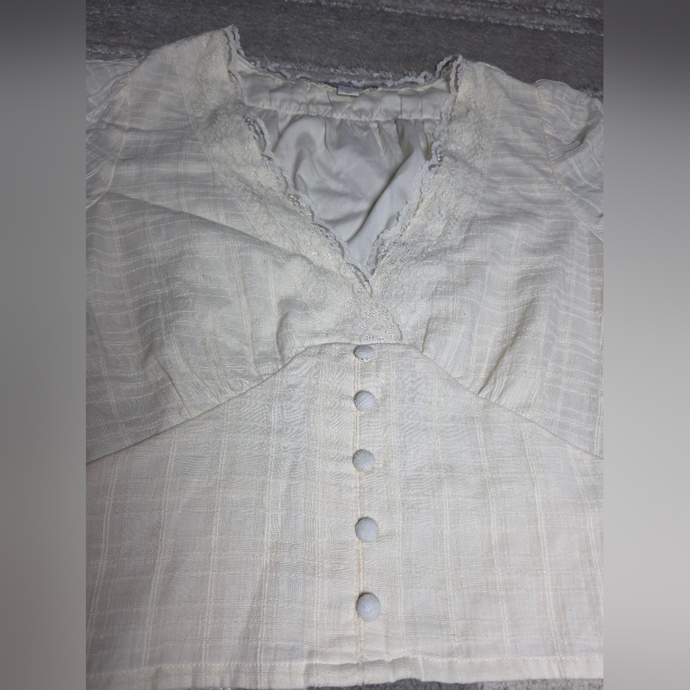 American Eagle Outfitters Cream Lace-Trim Button Front Blouse - Picture 3 of 8